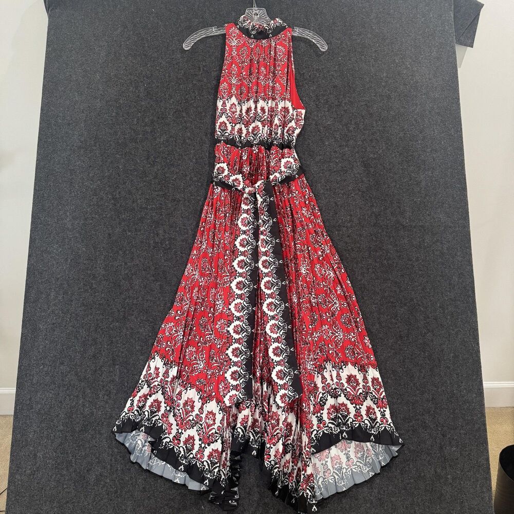 Alice + Olivia Mertie Dress Women's 0 Red Allure Medallion Pleated Maxi Belted
